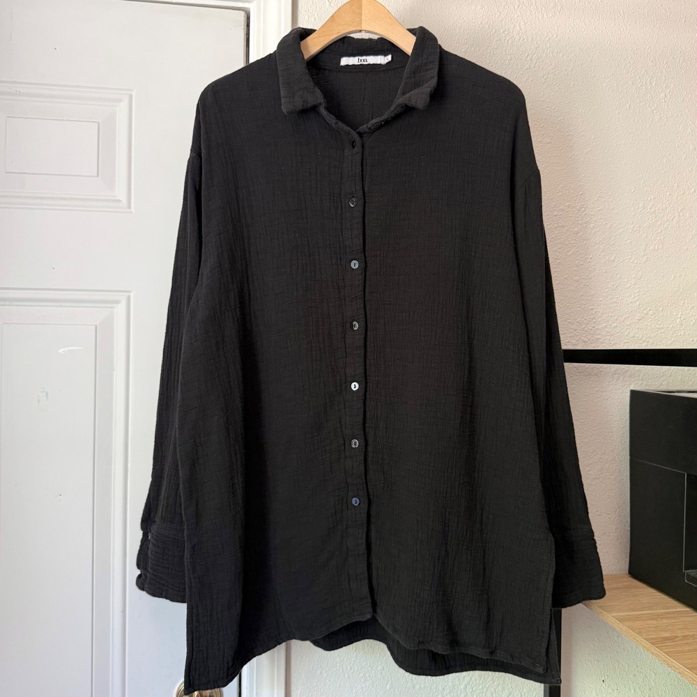 BOA. black cotton gauze long sleeve oversized button up shirt top